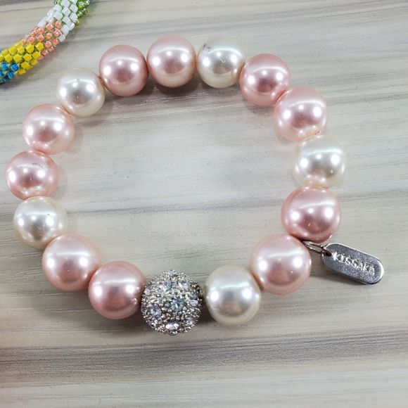 Bundle of Bracelets Beaded Shell Faux Pearl Coral Pink Orange Stretch Japan - Picture 5 of 11